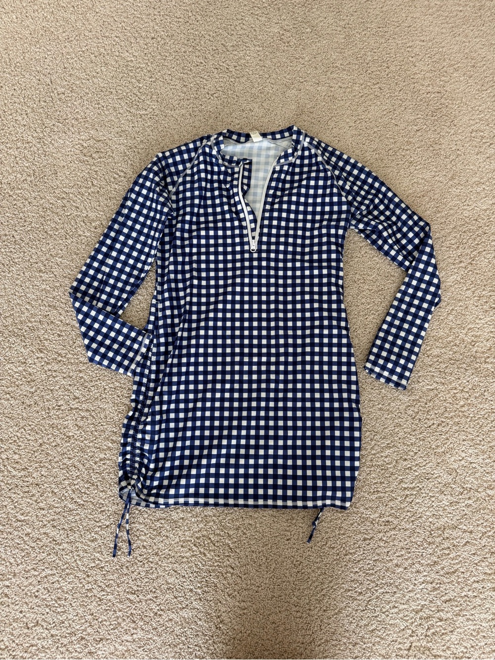 SwimZip Women's Half Zip Swim Dress Cover-Up “Navy Gingham", size large, EUC